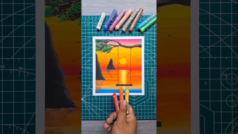🌅 Peaceful Sunset Swing Drawing | Easy Oil Pastel Landscape for Beginners